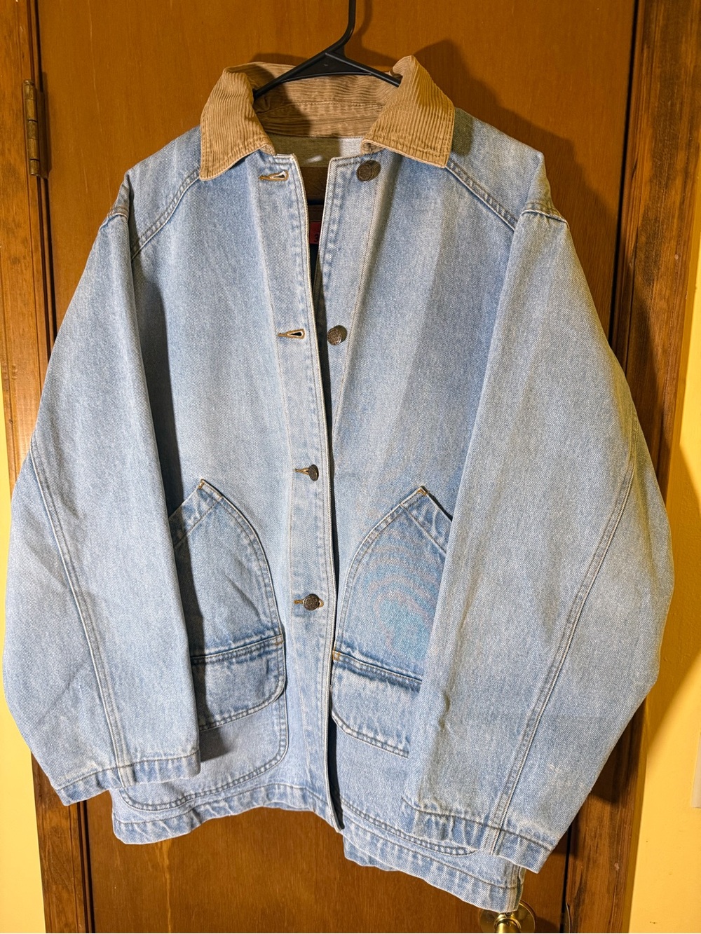 Light Blue Denim Jacket with Tan Corduroy Collar - Women's Vintage ‘90’s Coat
